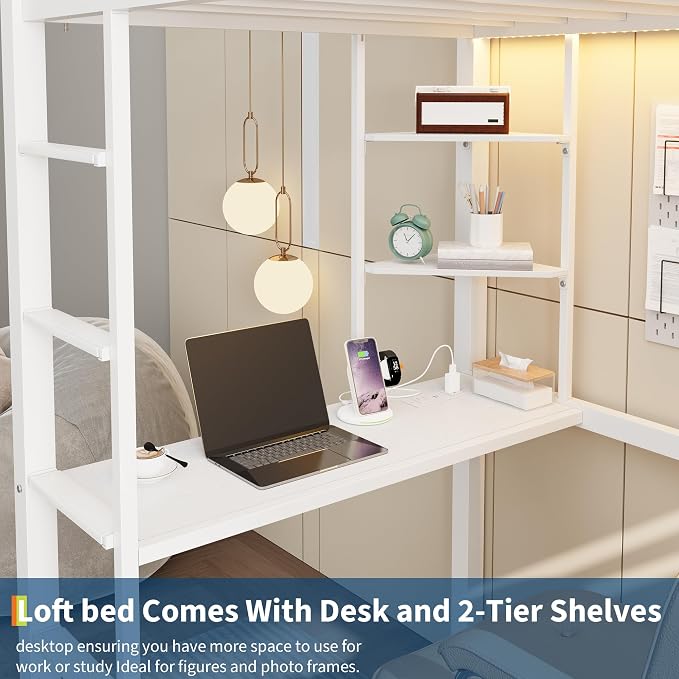 Twin Size Loft Bed with Desk, 4 Large Fabric Drawers and Open Shelves, Heavy Duty Metal Loft Bed with LED Lights, Power Outlets, Safety Guardrails & Ladder, Space Saving, No Box Spring Needed, White