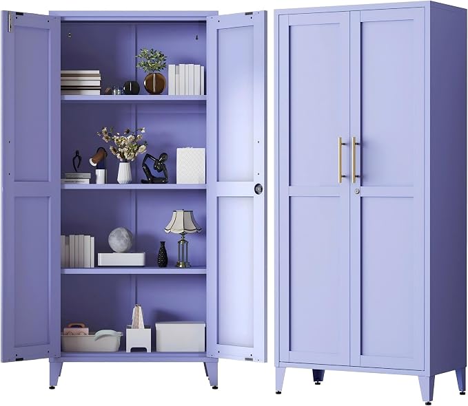 61" Tall Farmhouse Metal Storage Cabinet, Kitchen Pantry Storage Cabinets with 2 Barn Door and 3 Adjustable Shelves, for Home, Office, Kitchen, Laundry Room, Kids Room, Entryway, Purple