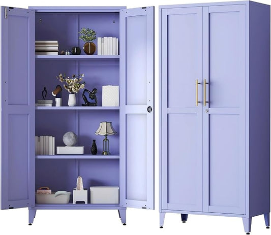 61" Tall Farmhouse Metal Storage Cabinet, Kitchen Pantry Storage Cabinets with 2 Barn Door and 3 Adjustable Shelves, for Home, Office, Kitchen, Laundry Room, Kids Room, Entryway, Purple