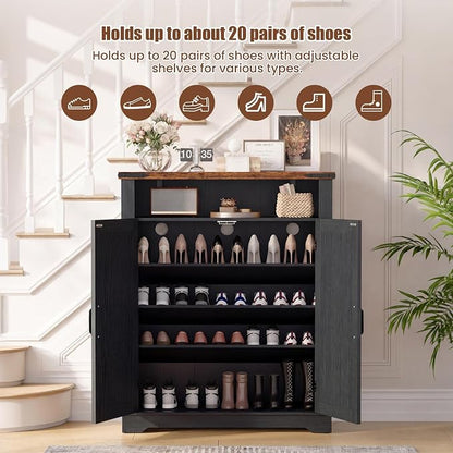 ALLSTAND 6-Tier Shoe Cabinet with Doors, Entryway Shoe Rack Shoe Storage Cabinet with Adjustable Shelves & Anti-tip Fitting, Farmhouse Shoe Cabinet Storage for Entryway, Living Room, Closet, Black