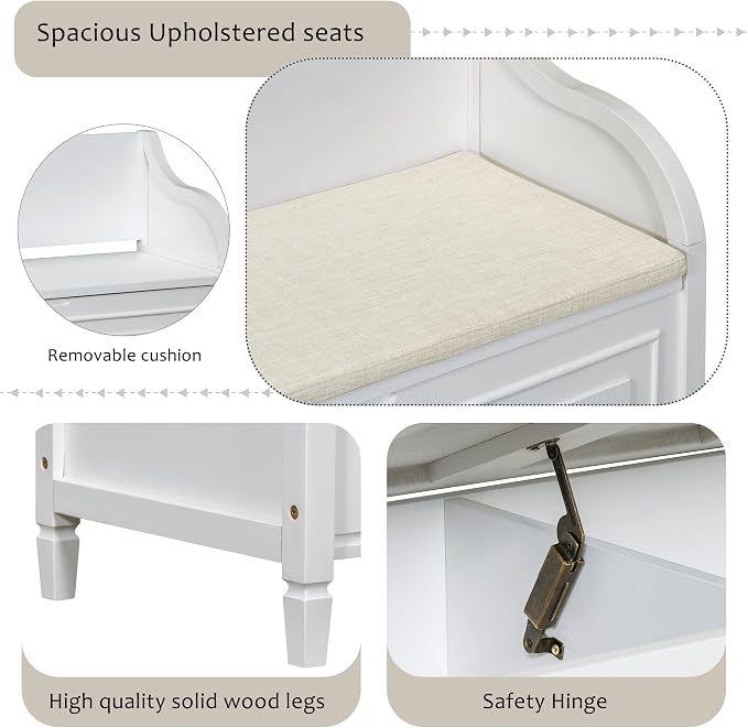 Knocbel Rustic Entry Storage Bench with Hidden Compartments and Removable Cushion, Wooden Entryway Hallway Foyer Shoe Bench Bedroom End of Bed Bench (White and Beige)