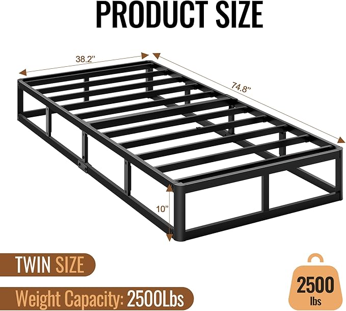Twin Size 10 Inch Box Spring - Heavy Duty Metal Mattress Foundation (2500lbs Capacity), Noise-Free, Easy Assembly