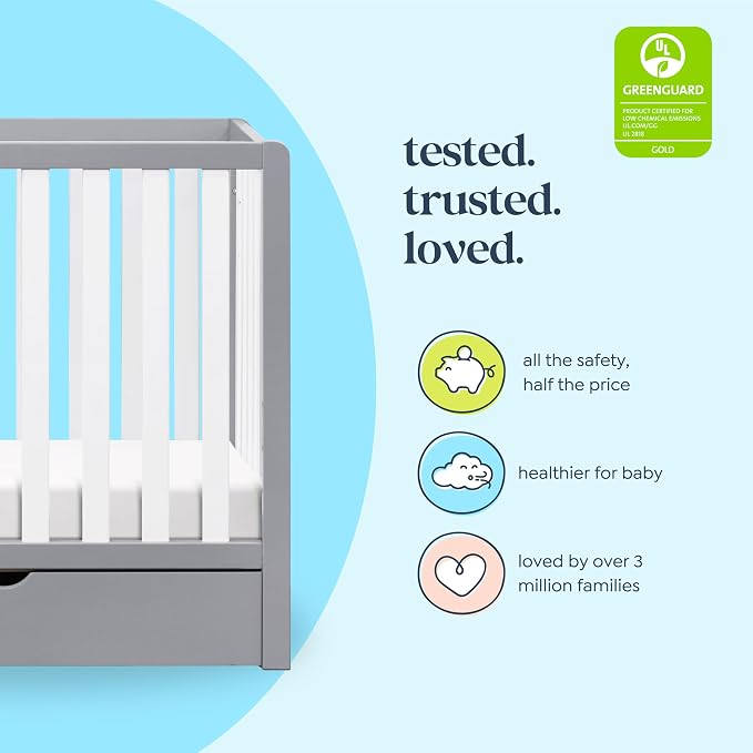 Carter's by DaVinci Colby 4-in-1 Convertible Mini Crib with Trundle Drawer in Grey and White, Greenguard Gold Certified, Undercrib Storage