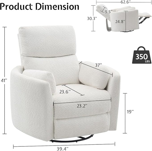Jocisland Power Recliner Nursery Chair for Adults, Electric Swivel Rocking Glider with USB & Type-C Charge, Teddy Sherpa Armchair with 2 Pillows, Cozy Reclining Sofa for Living Room, Bedroom, White