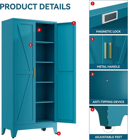 Farmhouse Pantry Cabinet with Barn Doors, 71" H x 31.5" W, 5-Tier Metal Storage Cabinet with 4 Adjustable Shelves for Kitchen Garage Dining Room,Blue 1 Pack