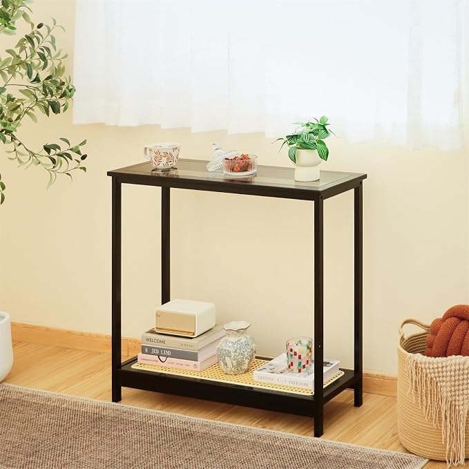 Bamboo Narrow Console Table, 31.5"(L) Wood Small Entryway Table with Rattan and Glass, Accent Slim Hallway Tables, Thin Sofa Side Tables for Hallway, Living Room, Bedroom, Foyer, Black