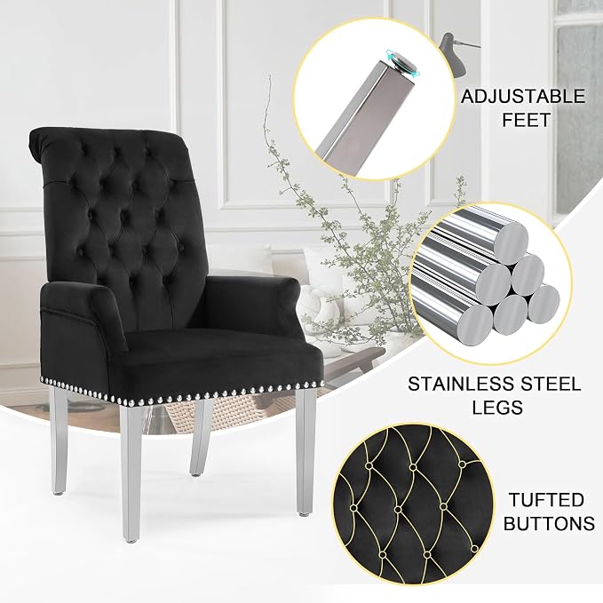 AODCHR Velvet Dining Chairs with Arms, Upholstered Accent Dining Room Chair, Tufted Kitchen Arm Chair with Stainless Steel Leg, Black