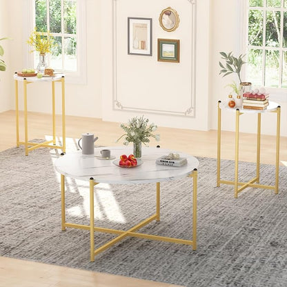 AWQM Faux Marble Coffee Table Set of 3, 1 Coffee Table & 2 Sofa Table, Round Tabletop and Metal Cross Base Frame,Perfect for Living Room Apartment, White