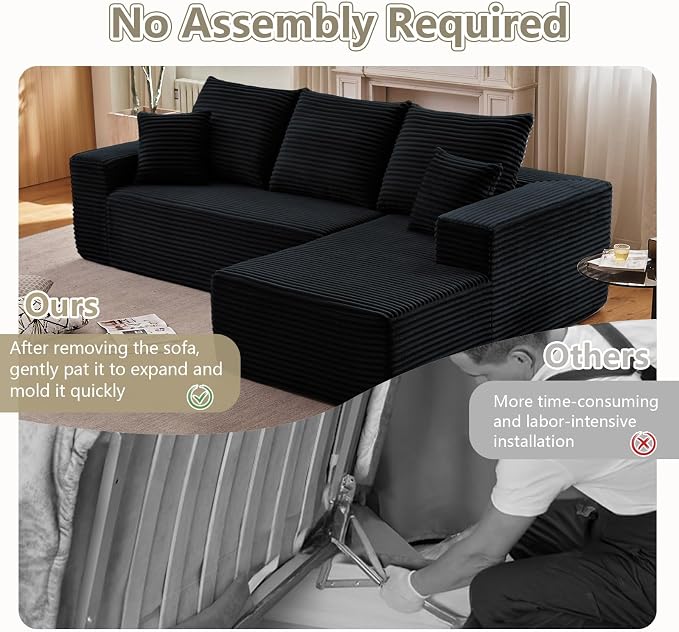 95.8" Cloud Sectional Couch with L-Shape Chaise, Modern Modular Comfy Sofa Chaise Longue, Upholstered Corduroy Couches Sleeper with Deep Seat for Living Room Bedroom, No Assembly Required, Black