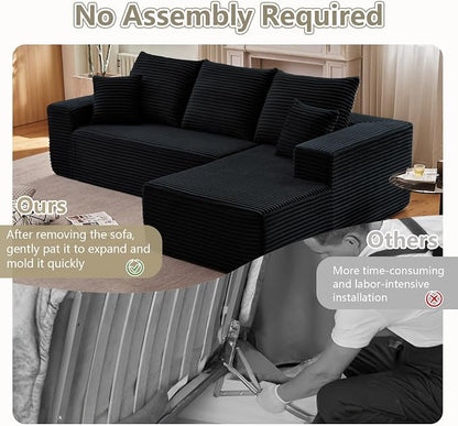 95.8" Cloud Sectional Couch with L-Shape Chaise, Modern Modular Comfy Sofa Chaise Longue, Upholstered Corduroy Couches Sleeper with Deep Seat for Living Room Bedroom, No Assembly Required, Black