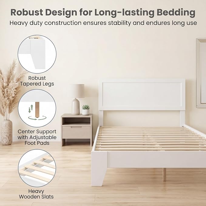 Giantex Queen Size Wooden Bed Frame with Headboard, Wood Slat Support | Modern Platform Bed with Heavy Duty Mattress Foundation, Under-Bed Storage, No Box Spring Needed, Easy Assembly (White)