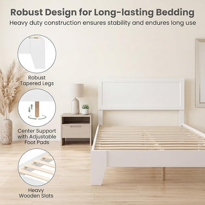 Giantex Full Size Wooden Bed Frame with Headboard, Wood Slat Support | Modern Platform Bed with Heavy Duty Mattress Foundation, Under-Bed Storage, No Box Spring Needed, Easy Assembly (White)