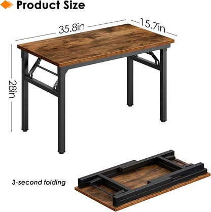 Need 35.8 Inch Folding Desk for Small Spaces, Home Office Computer Desk with Wood Top & Black Frame, Foldable Writing Table for Study, Bedroom, Dorm Room & Student, Rustic Brown