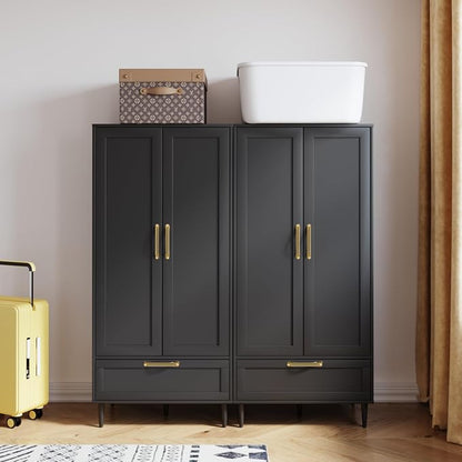 Bedroom Armoire Wardrobe Closet with Hanging Rod,60" 2 Door Almirah for Clothes with Drawers,Morden Storage Cabinet,Black