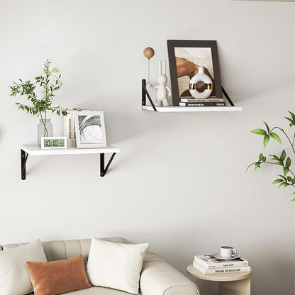 Heimlove White Deep Floating Shelves for Wall, 28W x 12D Wood Wall Shelves Set of 2, Wide Floating Bookshelf for Living Room, Kitchen, Office, Bedroom and Decor Storage, with Black Bracket - White