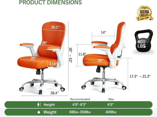 Office Chair Ergonomic Desk Chair Comfy: 400LBS Mesh Computer Chair Ergonomic Gaming Chairs with Wheels Adjustable Lumbar Support and Flip up Armrest-Swivel Executive Chairs Long Hours(Orange)