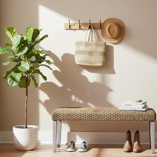 Solid Wood Acacia Indoor Bench with Natural Woven Water Hyacinth Seat, Wood Bench for Living Room or Entryway, Vintage Bench, Fishbone Style, Plait Style with Grey Leg