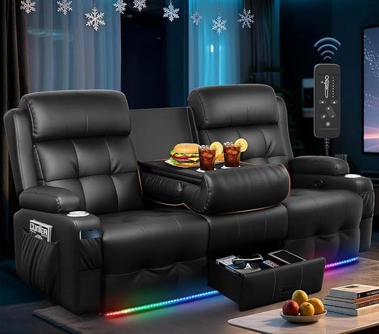 Loveseat Recliner Sofa, Home Theater Seating with Massage, 3 Seat Reclining Loveseats with Flip Backrest, Wall Hugger RV Couch Theater Chairs, RV Furniture Sofas with USB, Cup Holders for Gaming Room