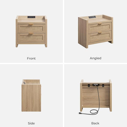SICOTAS Rattan Nightstand Bedside Table - Night Stand with Type-C Charging Station, 2 Drawers Storage - Boho Night Stands End Table for Bedroom - Light Oak