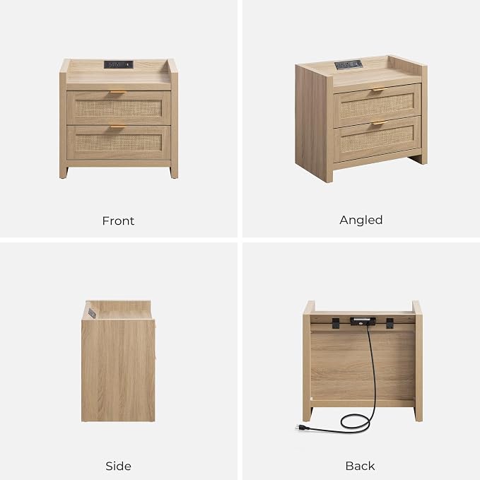 SICOTAS Rattan Nightstands Set of 2 Bedside Table - Bed Night Stand with Type-C Charging Station, 2 Drawers Storage - Boho Night Stands End Table for Bedroom Office - Light Oak