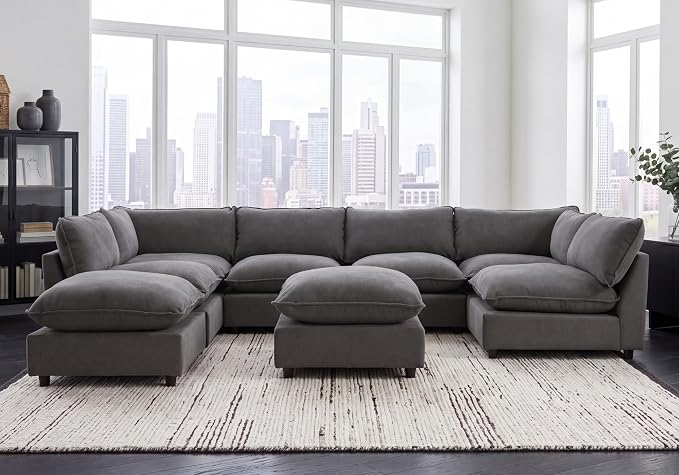 Iroomy Modular Sectional Sofa, Oversized Chenille Cloud Couch, Deep Comfy Seat, 8-Seater Sofas Couches for Living Room, Dark Grey, High Feet