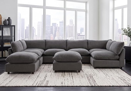 Iroomy Modular Sectional Sofa, Oversized Chenille Cloud Couch, Deep Comfy Seat, 8-Seater Sofas Couches for Living Room, Dark Grey, High Feet