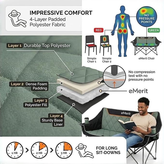 EMERIT Oversized Fully Padded Camping Chair, Heavy Duty 650LB Folding Camping Loveseat, Quad Fold Double Camping Couch with Cup Holders & Carry Bag for Outdoor, Lawn, Sports Events Black
