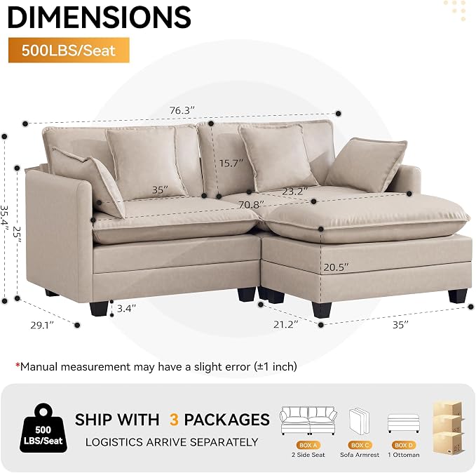 76'' Cloud Deep Seat Loveseat Sofa, Upholstered Leather Modular 2-Seats Sectional Sofa Couch with Movable Ottoman, Modern Comfy Settee Loveseat for Living Room Set, Small Apartment, Leather Beige