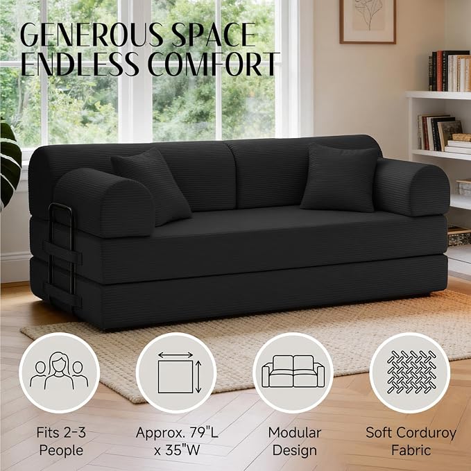 79'' Convertible Sofa Bed, 6 in 1 Folding Floor Futon Couch Sleeper with Fixed Frame, Corduroy Modular Sofa Bed with Removable Armrests & Pillows, No Assembly for Living Room Bedroom (Black)