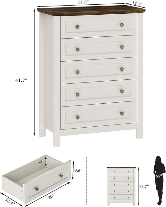 Farmhouse Dresser Nightstand Sets, 2-Piece Bedroom Furniture Set for Home | 5 Drawer Dresser Closet set of 2, Chest of Drawers for Bedroom, Living Room, Entryway, Antique White