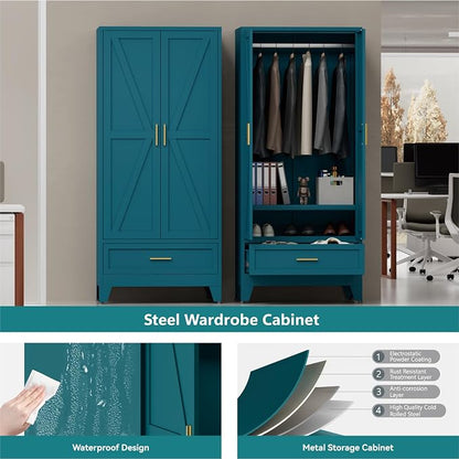 Blue Metal Wardrobe Closet for Bedroom, 71" Freestanding Armoire Wardrobe with Drawer and Shelf, Hanging Rod Clothing Storage Cabinet with Two Doors, Tall Farmhouse Clothes Cabinet Bedroom Armoires