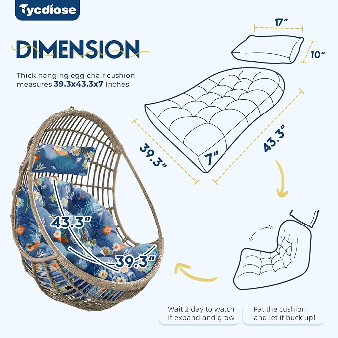 Outdoor Hanging Egg Chair Cushion Replacement, Extra Large Waterproof Egg Swing Cushions with Headrest Pillow and Ties, U-Shaped Thickened Cushion for Hanging Eggs Chair (Blue Floral)