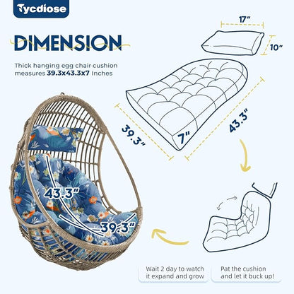 Outdoor Hanging Egg Chair Cushion Replacement, Extra Large Waterproof Egg Swing Cushions with Headrest Pillow and Ties, U-Shaped Thickened Cushion for Hanging Eggs Chair (Blue Floral)