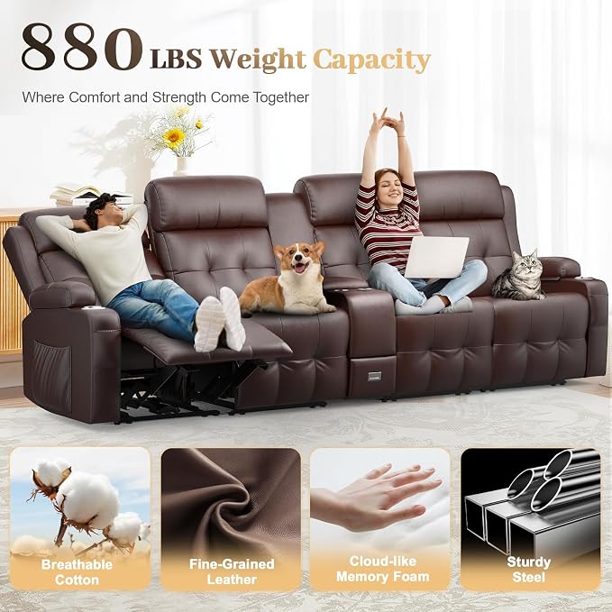 Recliner Sofa, 4 Seater Massage Reclining Loveseat Sofa Sets, 2 Single Power Recliner Chairs Heat & Massage, Heavy Weight Capacity, RV Clearance Love Seat Couch with Console, USB, Type C Port
