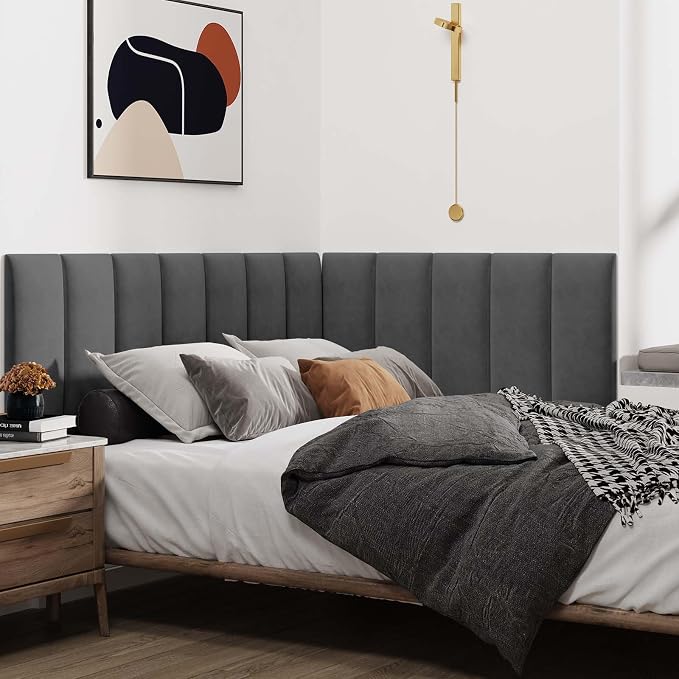 IFNOW Wall Mounted Upholstered Headboard Queen, 3D Peel and Stick Soundproof Panels, Reusable and Removable Padded Leather Bed Headboard, 9 Panels 9.84" x 23.62", Dark Grey