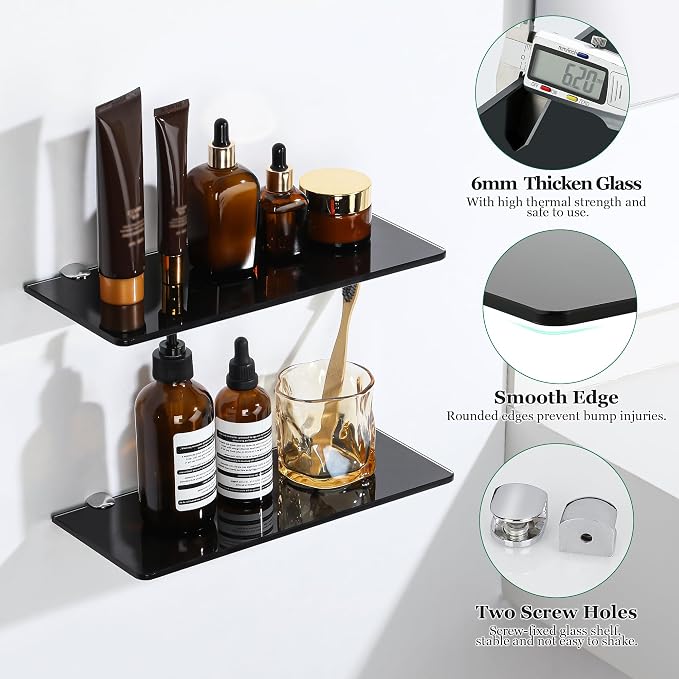 SAYAYO Glass Floating Shelves for Wall, Tempered Glass Shelves for Bathroom, Living Room, Bedroom, Office, Toilet, Kitchen Decor, 12Inch Set of 3, Black