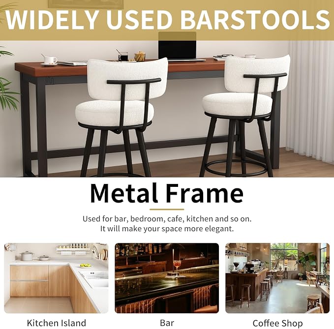 Bar Stools Set of 2, 26 Inches Modern Counter Stools with Metal Legs, Boucle Barstools with Backs, Bar Chairs for Kitchen Island, Upholstered Fabric White 2501