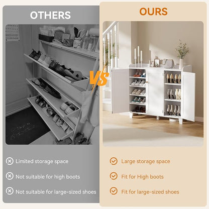 Shoe Storage Cabinet with 3 Doors and Adjustable Shelves，40 Inch Tall Farmhouse Flat-Shelf Wooden Shoe Cabinet，Shoe Rack Shoe Organizer Cabinet for Hallway Entryway Living Room （White）
