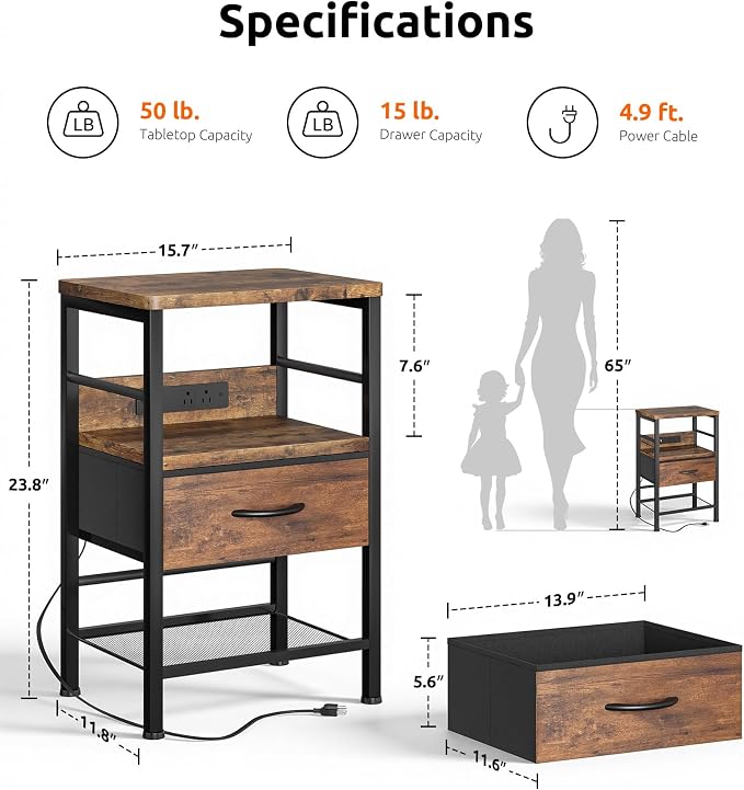 Lazzanto Nightstands Set of 2 with Charging Station, Bedside Tables with Open Shelf & Hooks, End Tables with USB-C USB-A Ports AC Outlets, Night Stand for Bedroom with Fabric Drawer, Rustic Brown