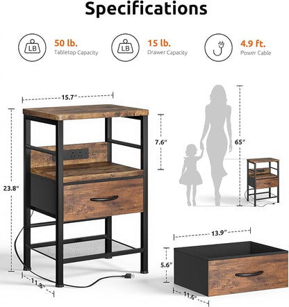 Lazzanto Nightstands Set of 2 with Charging Station, Bedside Tables with Open Shelf & Hooks, End Tables with USB-C USB-A Ports AC Outlets, Night Stand for Bedroom with Fabric Drawer, Rustic Brown