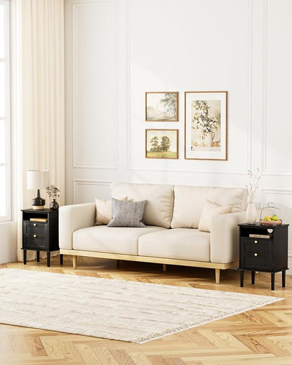 Nightstand, Boho Night Stand with 1 Drawers, Modern Side Accent Table with Open Shelf, Wooden Top Bedside End Table for Bedroom, Living Room, Black