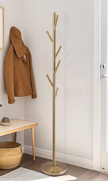 Kira Home Addison 68" Modern Gold Standing Coat Rack with 6 Hanging Hooks, Sleek Metal Gold Coat Stand with Weighted Base, Cool Brass Finish