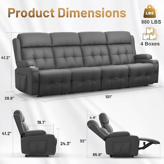 Loveseat Recliner Sofa, Home Theater Seating with Massage, 4 Seat Reclining Loveseats with USB, Wall Hugger RV Couch Movie Theater Chairs, RV Furniture Sofas with USB, Cup Holders for Gaming Room