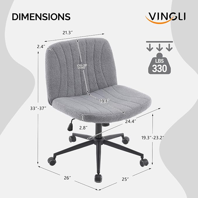 VINGLI Criss Cross Legged Chair,Wide Comfy Office Desk Chair,Dual-Use with/no Wheels Computer Task Chair,Swivel Armless Vanity Boucle Chair for Study,Make Up,Home Office,Teddy Fleece,Dark Grey