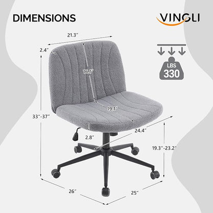 VINGLI Criss Cross Legged Chair,Wide Comfy Office Desk Chair,Dual-Use with/no Wheels Computer Task Chair,Swivel Armless Vanity Boucle Chair for Study,Make Up,Home Office,Teddy Fleece,Dark Grey