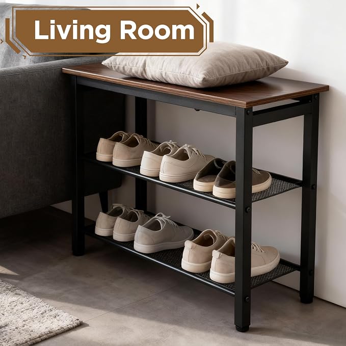 3-Tier Shoe Rack Bench, Hardwood & Alloy Steal Entryway Storage Organizer for Front Door Entrance, Bedroom, Living Room, 300lb Capacity (3-Tier Shoe Bench (Metal Mesh))