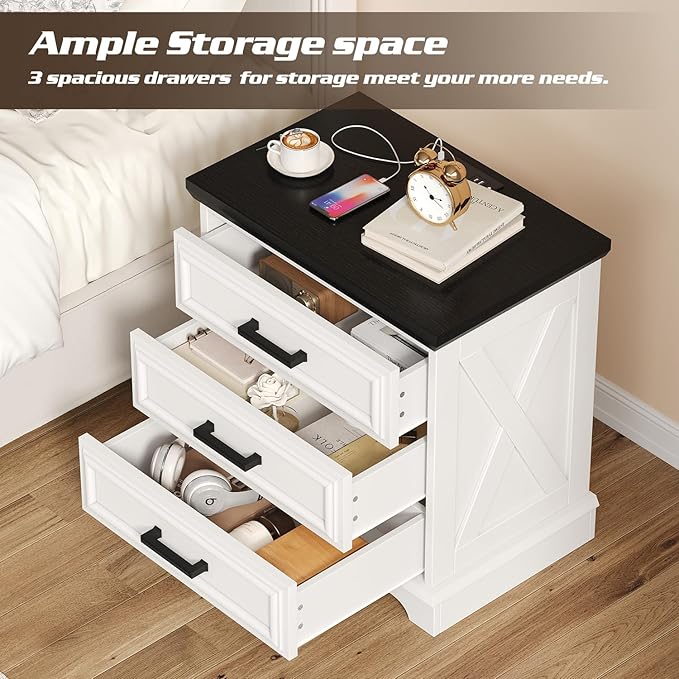 knoworld 24 Inch Wide Farmhouse Nightstands with Charging Station, White Nightstand with 3 Large Drawers, Rustic Wood End Table for Bedroom