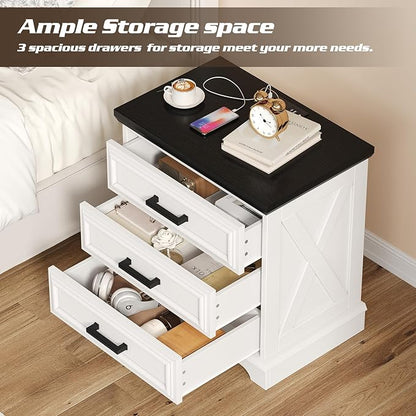 knoworld 24 Inch Wide Farmhouse Nightstands with Charging Station, White Nightstand with 3 Large Drawers, Rustic Wood End Table for Bedroom