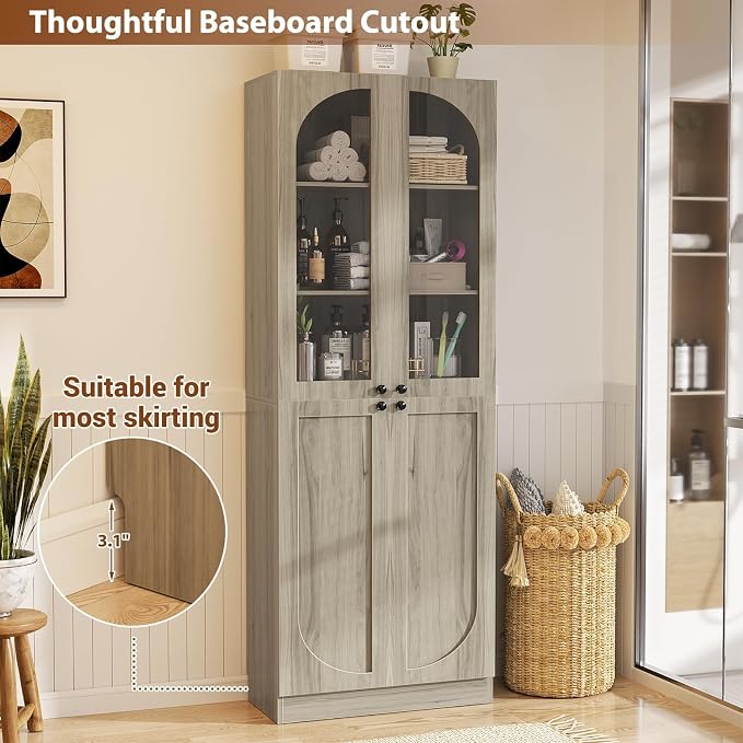 Cyclysio 80" Kitchen Pantry, Tall Arch Storage Cabinet with Tempered Glass & Soft Close Doors, Freestanding Wood Floor Cupboard Bookcase with Seamless Fit Wall for Dining Room, Living Room, Bathroom