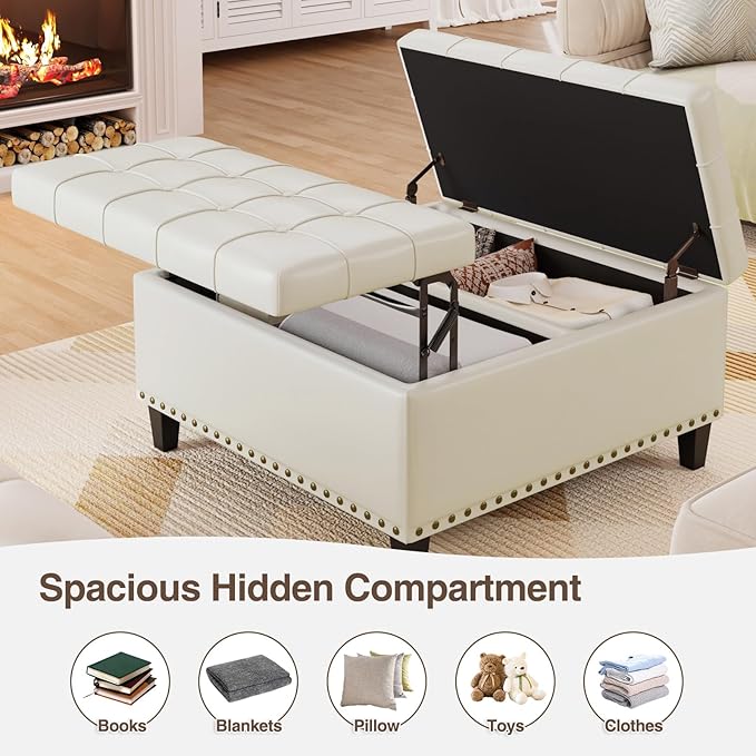 FiveWillowise Square Leather Ottoman with Storage, Faux Leather Coffee Table with Lift Top,Large Upholstered Footrest Stool Toy Box Storage Bench for Bedroom Living Room, Ivory White